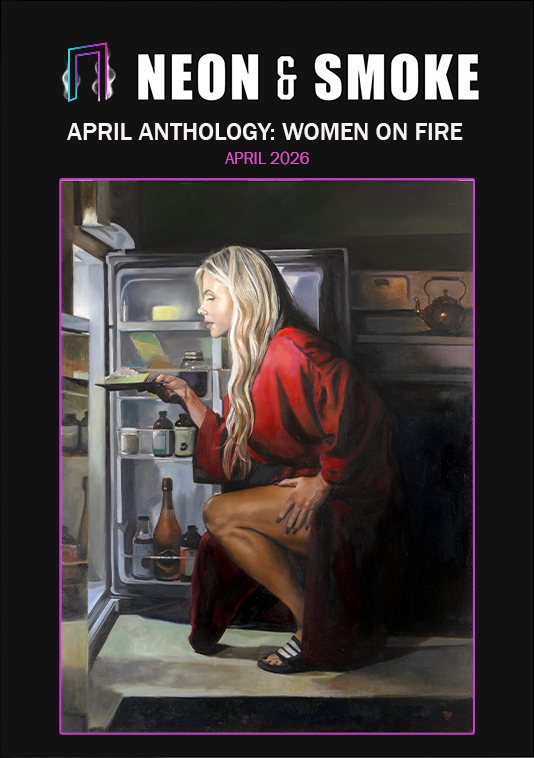 The cover of April Anthology: Women on Fire: a painting of a blonde woman in a red robe crouching at an open fridge at night, beneath the Neon & Smoke masthead.