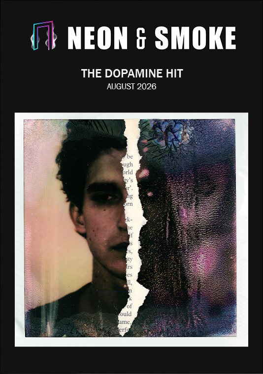 The cover of August | The Dopamine Hit: a torn collage of a young man’s face beside a blurred figure behind textured glass, beneath the Neon & Smoke masthead.