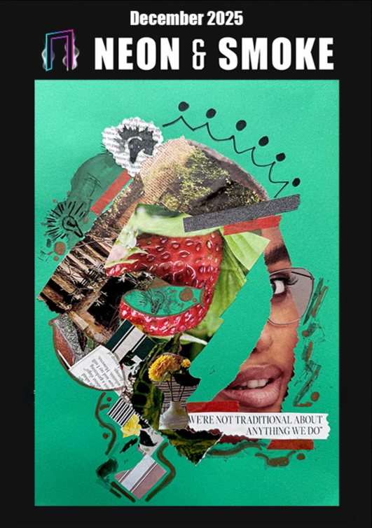 The cover of December Smoke: a collage of torn paper and photographs assembled into a face on mint green, beneath the Neon & Smoke masthead.