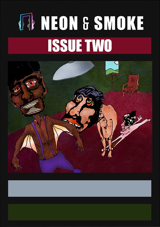 The cover of Issue Two: a painting of two figures, one winged, in a red room, beneath the Neon & Smoke masthead.