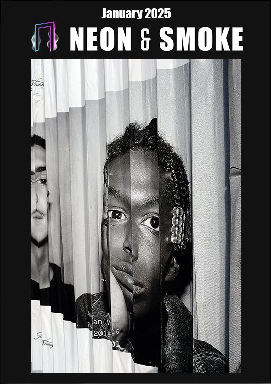 The cover of January Smoke: a black-and-white portrait of a young person seen through vertical slats, beneath the Neon & Smoke masthead.