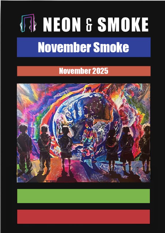 The cover of November Smoke: children silhouetted before a vast swirling mural in every colour, beneath the Neon & Smoke masthead.
