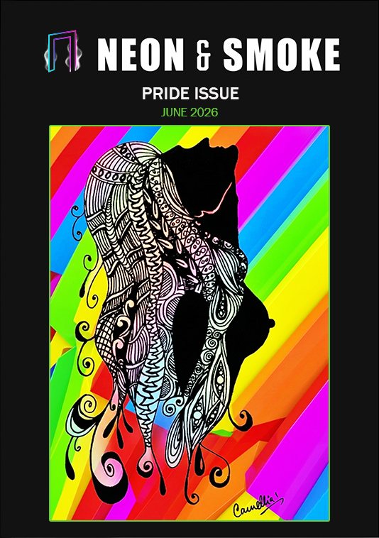 The cover of the Pride Issue: a figure drawn in dense black-and-white pattern against diagonal rainbow stripes, beneath the Neon & Smoke masthead.