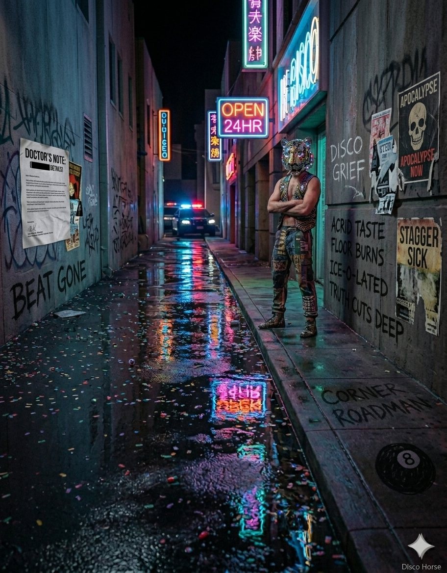 A rain-slick alley plastered with posters and neon, a figure standing against the wall.