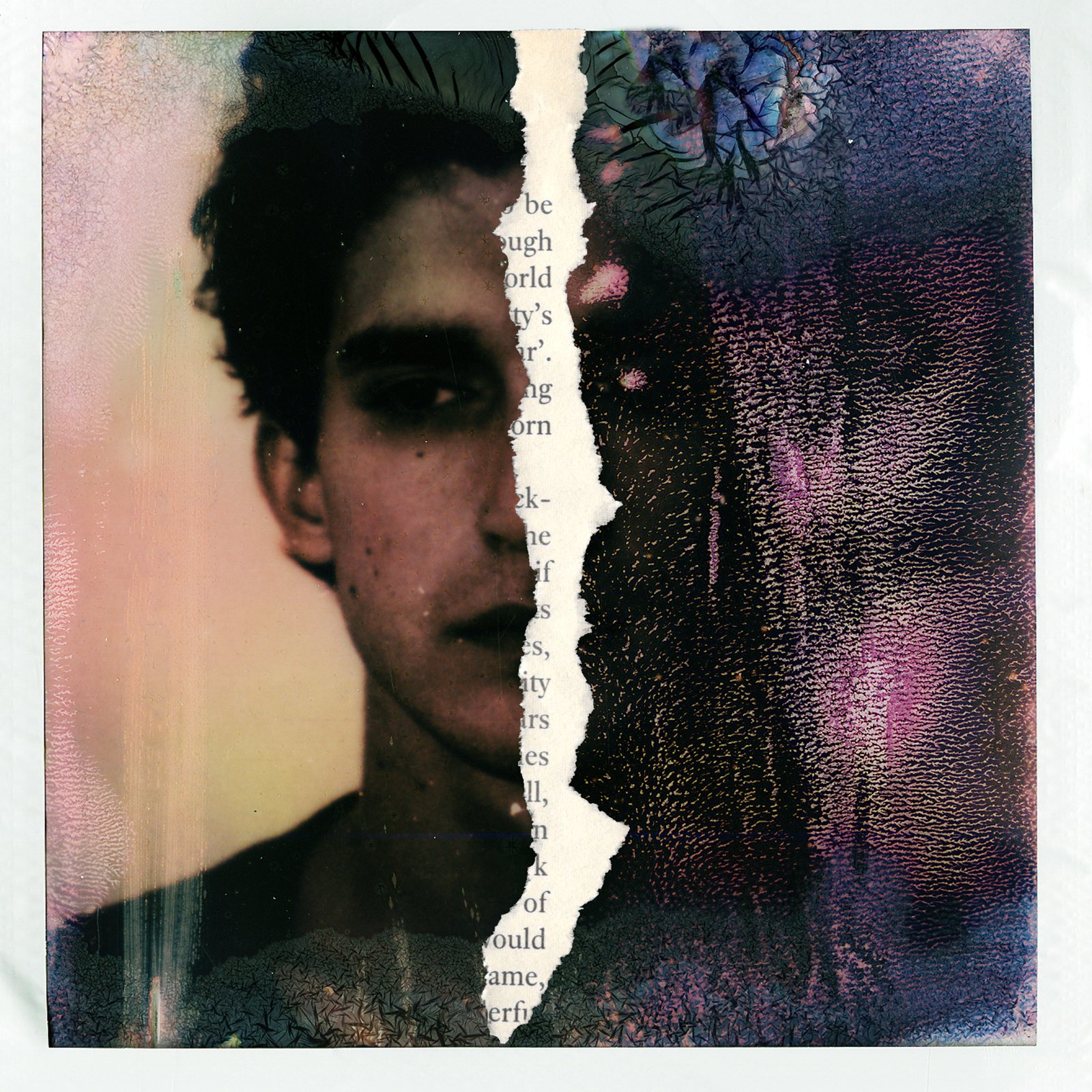 A torn collage: a young man’s face on one side, a blurred figure behind textured glass on the other, over a page of printed text.
