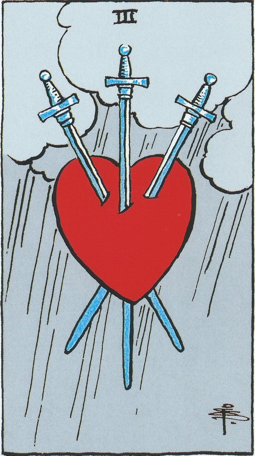 The Three of Swords tarot card: a red heart pierced by three swords beneath a raincloud.