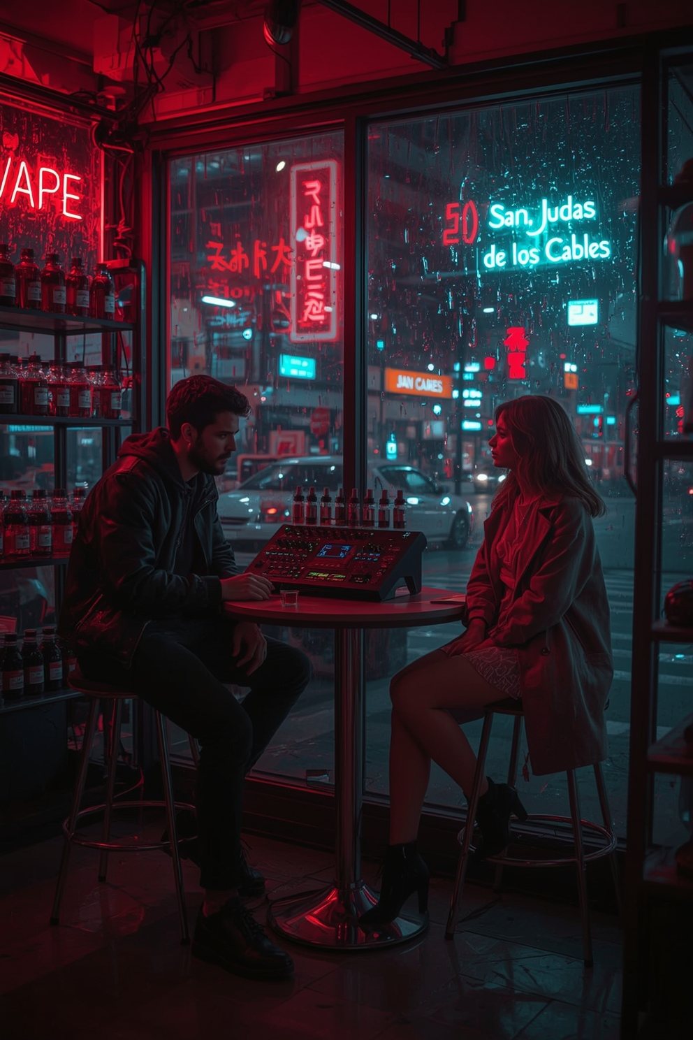 A man and a woman at a small table in a neon-lit vape shop at night, “San Judas de los Cables” glowing in the window.