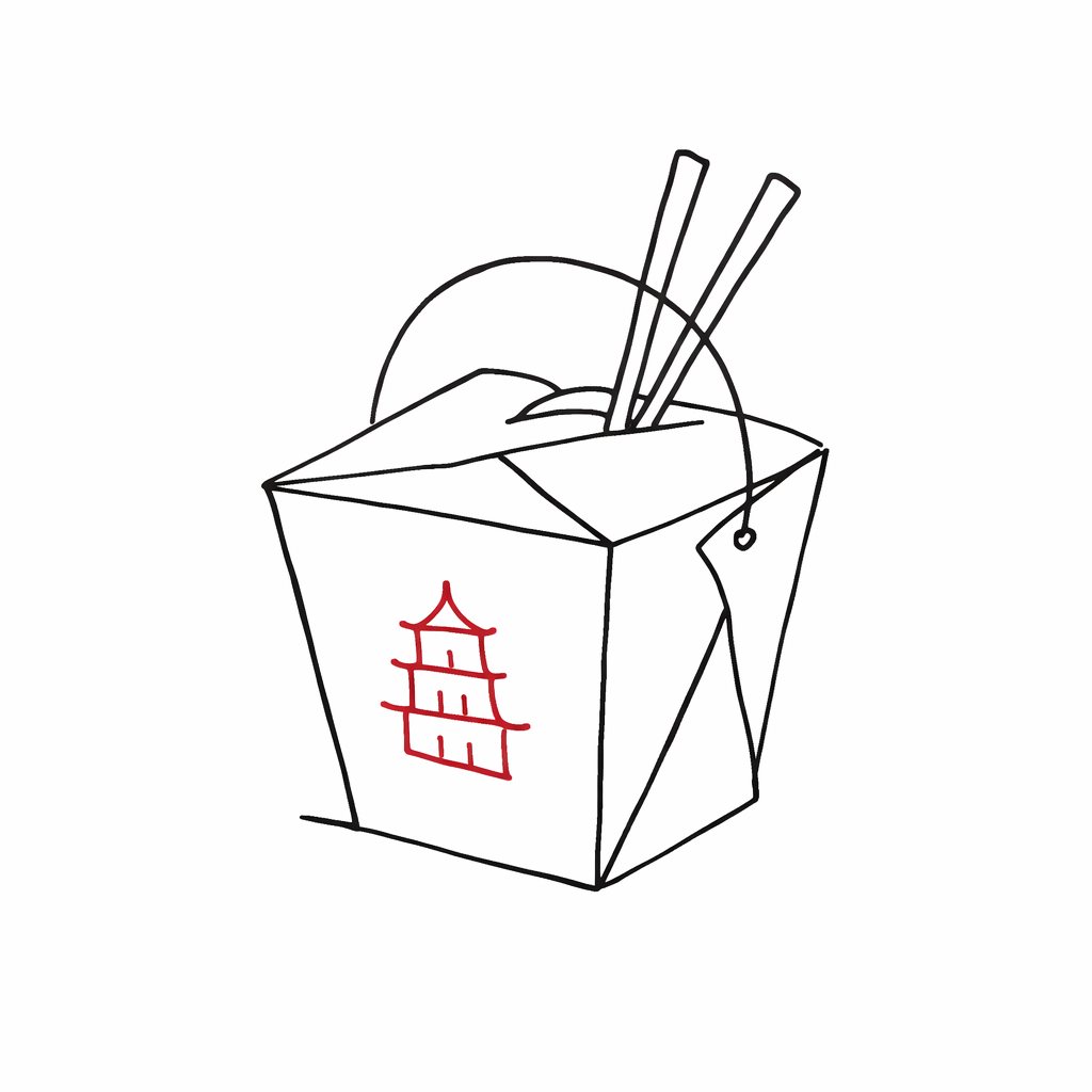 A line drawing of a takeaway noodle box with chopsticks and a red pagoda printed on it.