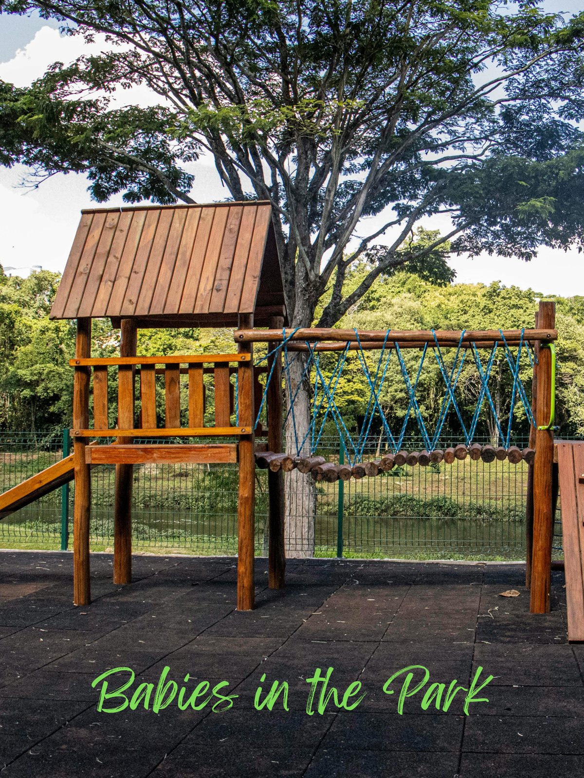 A wooden playground climbing frame under a large tree, with “Babies in the Park” written across it in green script.