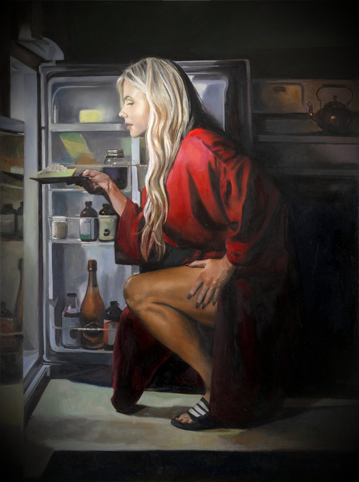 A painting of a blonde woman in a red robe crouching at an open fridge at night.
