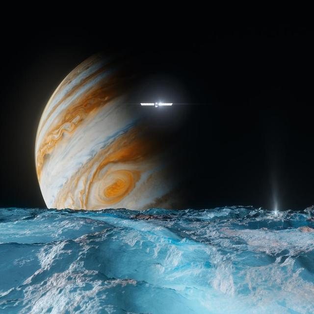 Jupiter hanging above the cracked blue ice of one of its moons, a pale plume rising at the horizon.