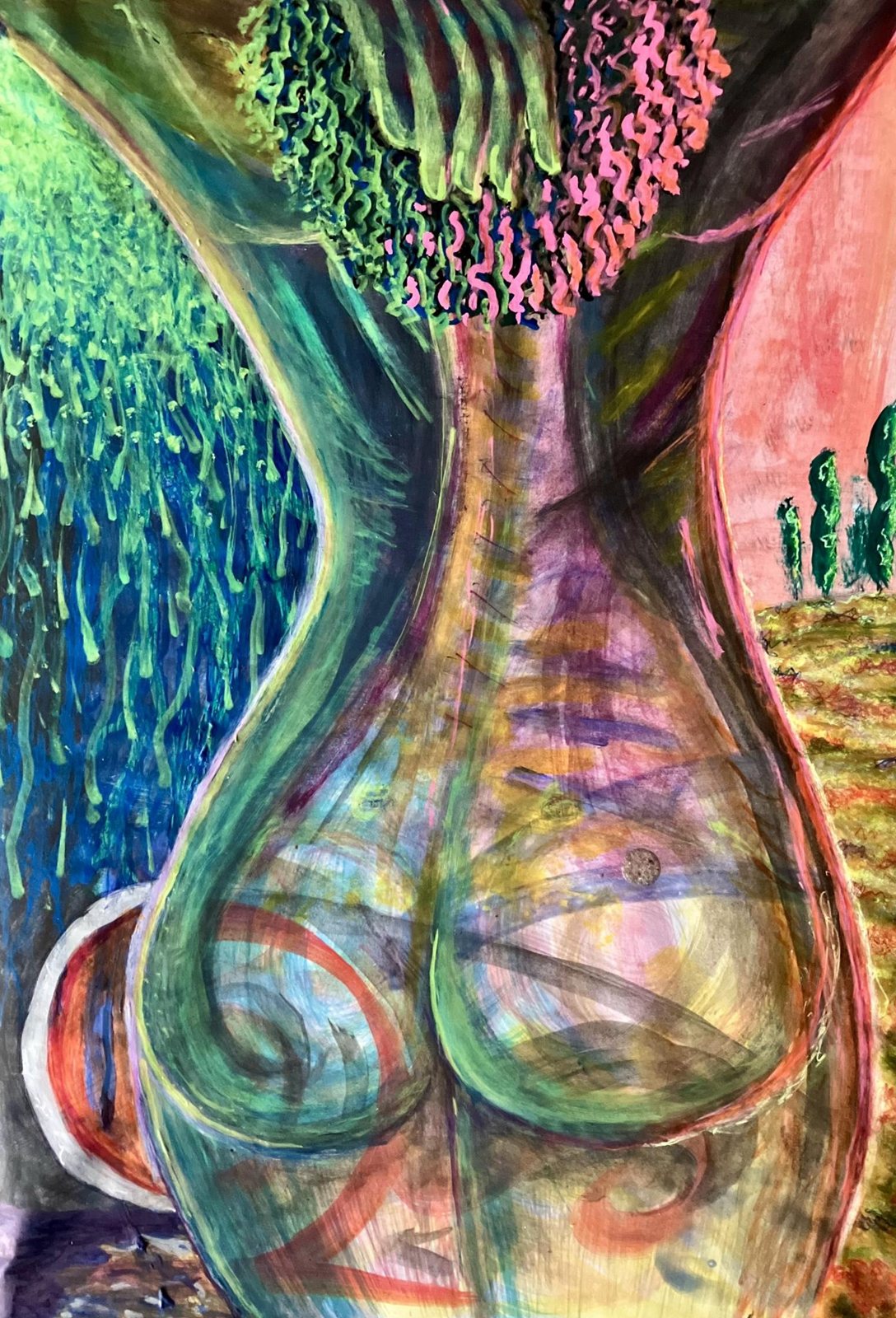 A painting of a female torso in translucent greens, pinks and blues.