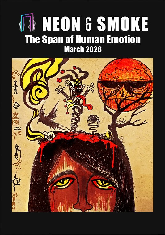 The Span of Human Emotion cover: a painted face with wide yellow eyes, a tree and a red sun rising out of the head, beneath the Neon & Smoke masthead.