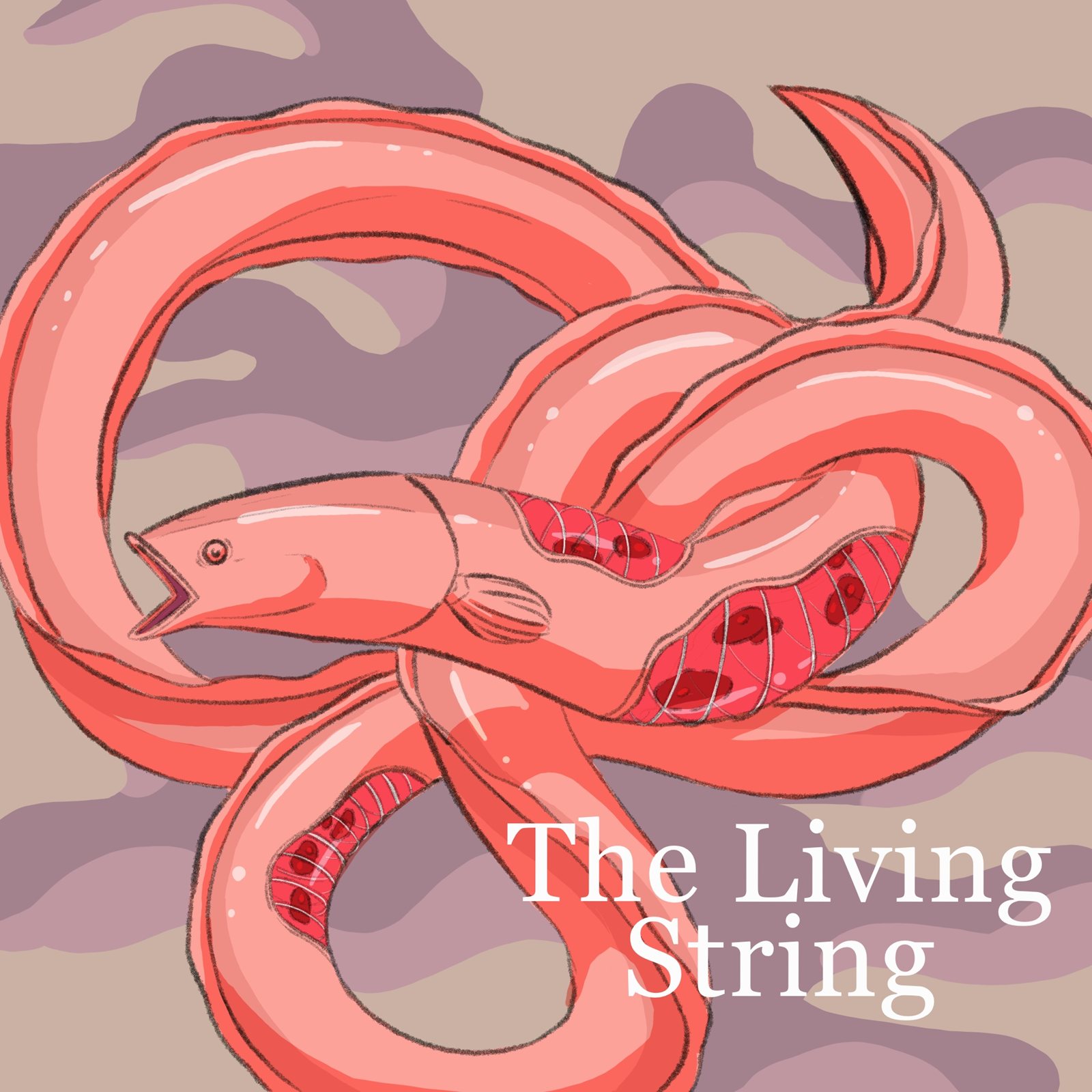 An illustration of a coiled pink eel-like creature on mauve, lettered “The Living String”.