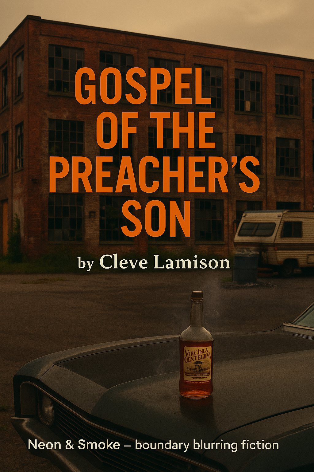 Cover artwork: a brick factory at dusk with a whiskey bottle standing on a car roof, lettered “Gospel of the Preacher’s Son by Cleve Lamison”.