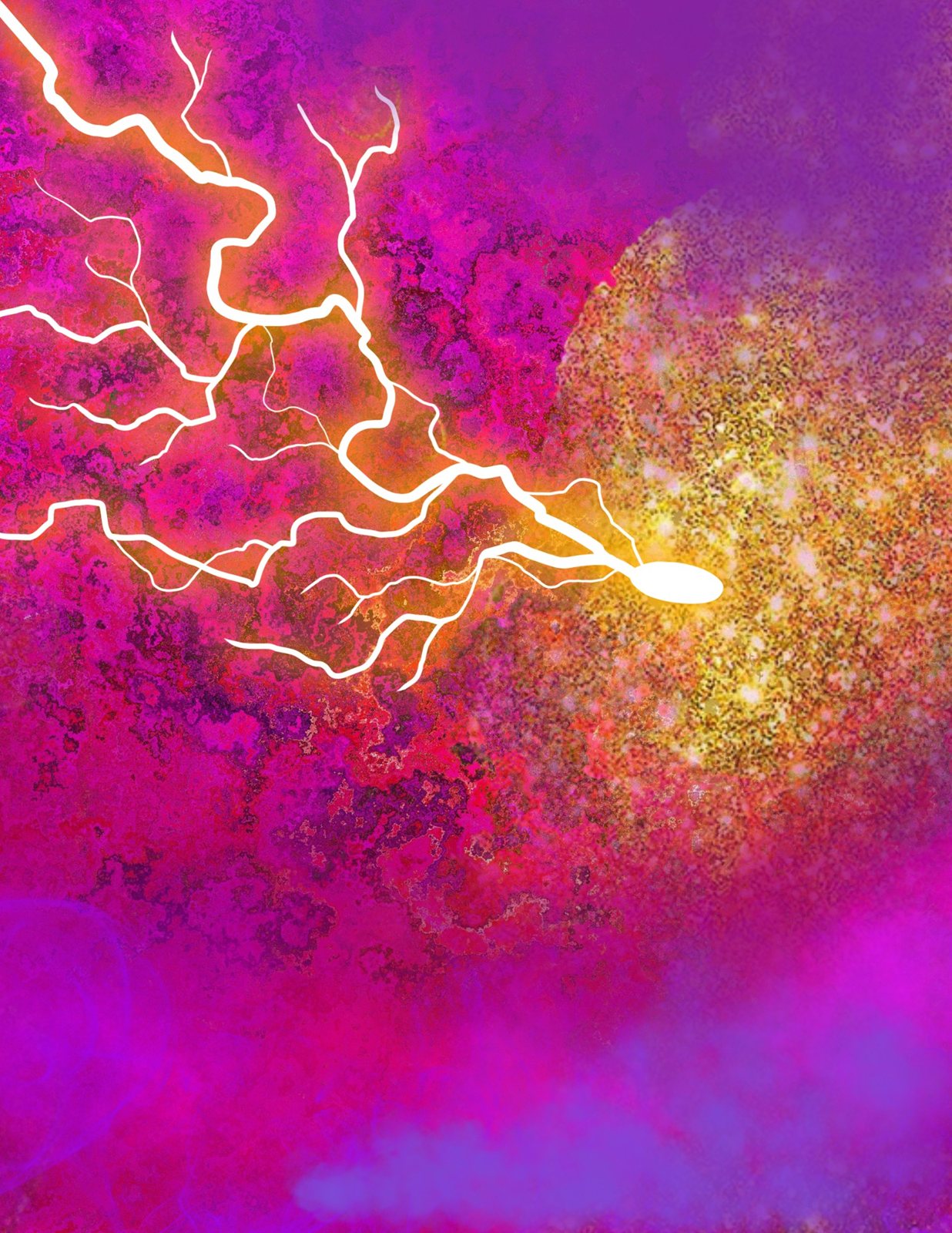 Lightning striking a burst of gold light across a field of magenta.