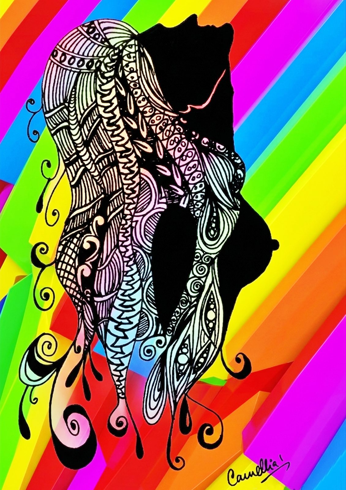The Pride Issue cover art: a figure drawn in dense black-and-white pattern against diagonal rainbow stripes.