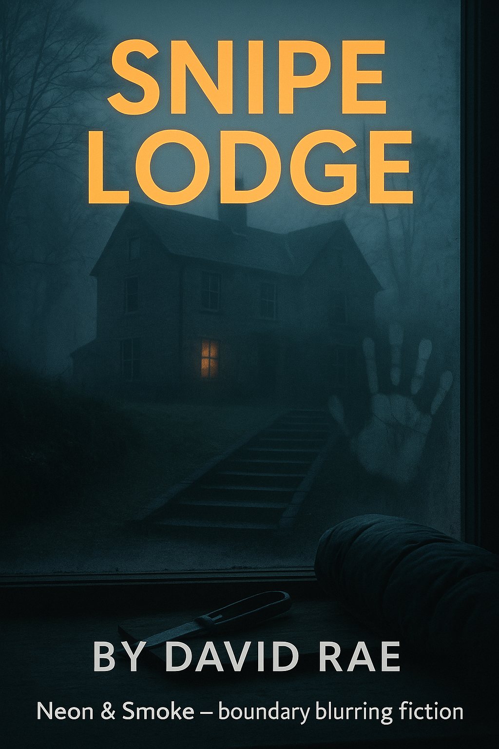 Cover artwork: a dark house behind bare trees with a hand pressed against the frame, lettered “Snipe Lodge by David Rae”.