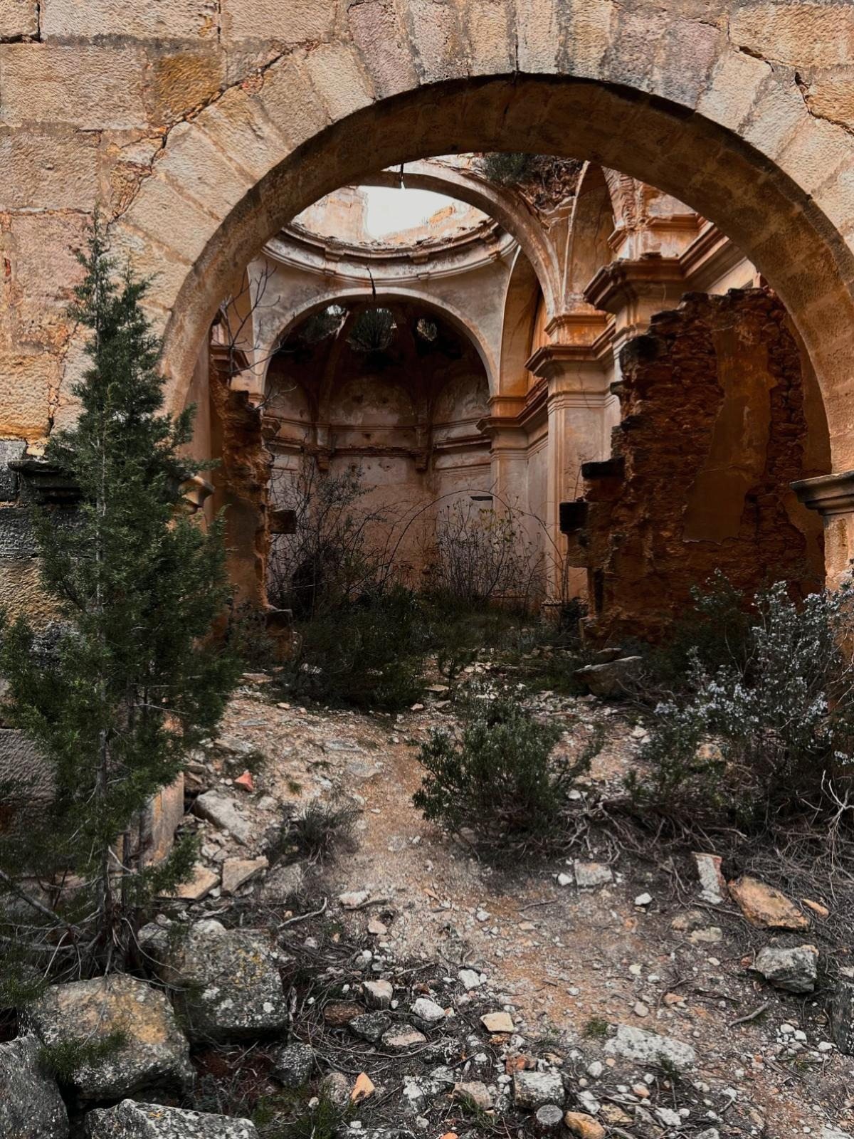 A ruined stone chapel open to the sky, young pines growing among the fallen masonry.