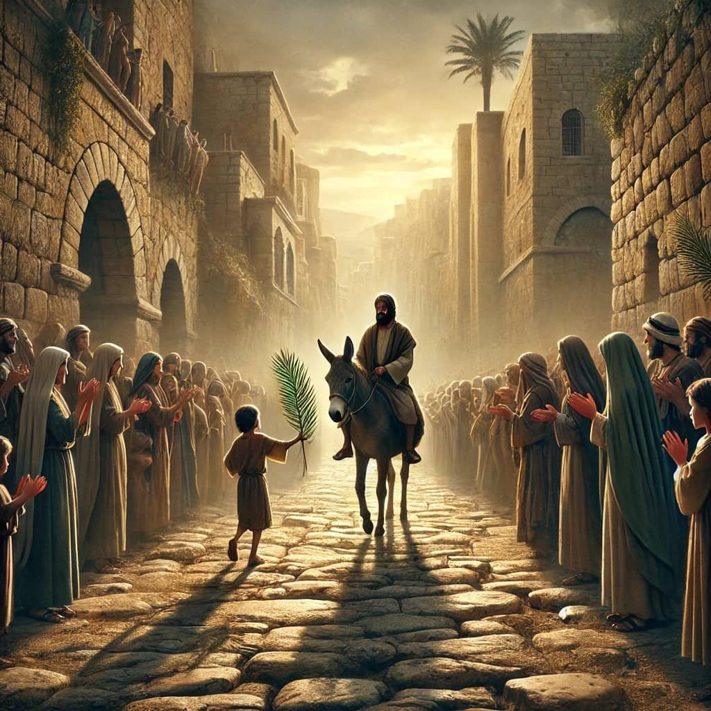 A crowd lining a sunlit cobbled street as a rider on a donkey passes; a child carries a palm frond.