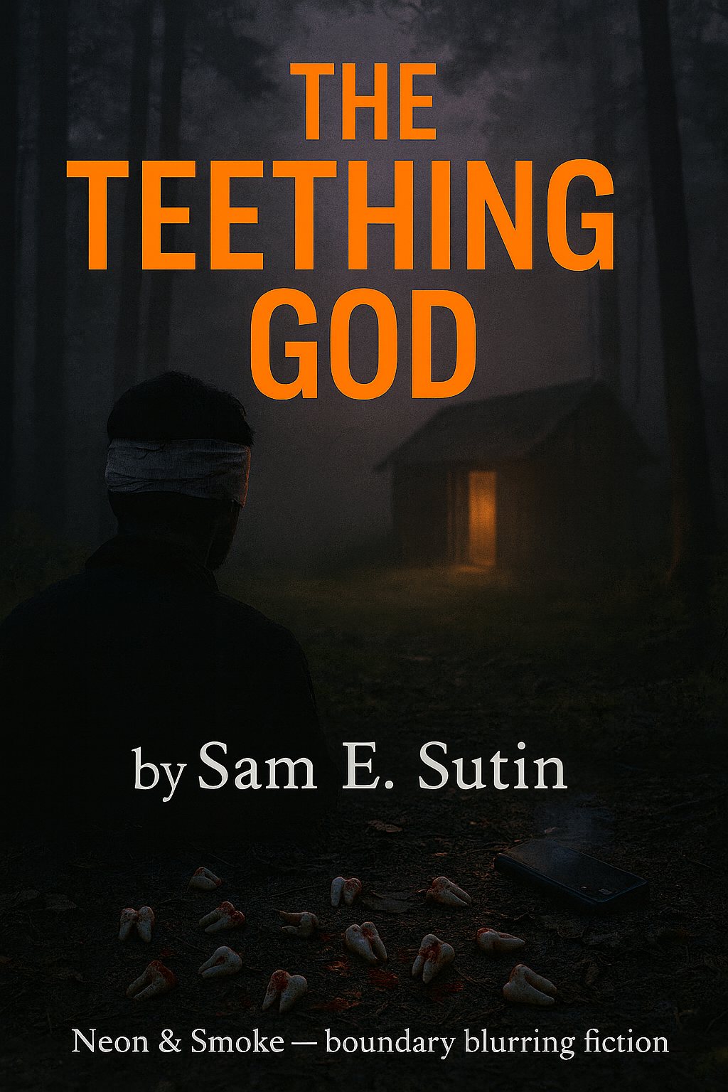 Cover artwork: a hooded figure standing before a lit cabin in dark woods, teeth scattered along the foot of the frame, lettered “The Teething God by Sam E. Sutin”.
