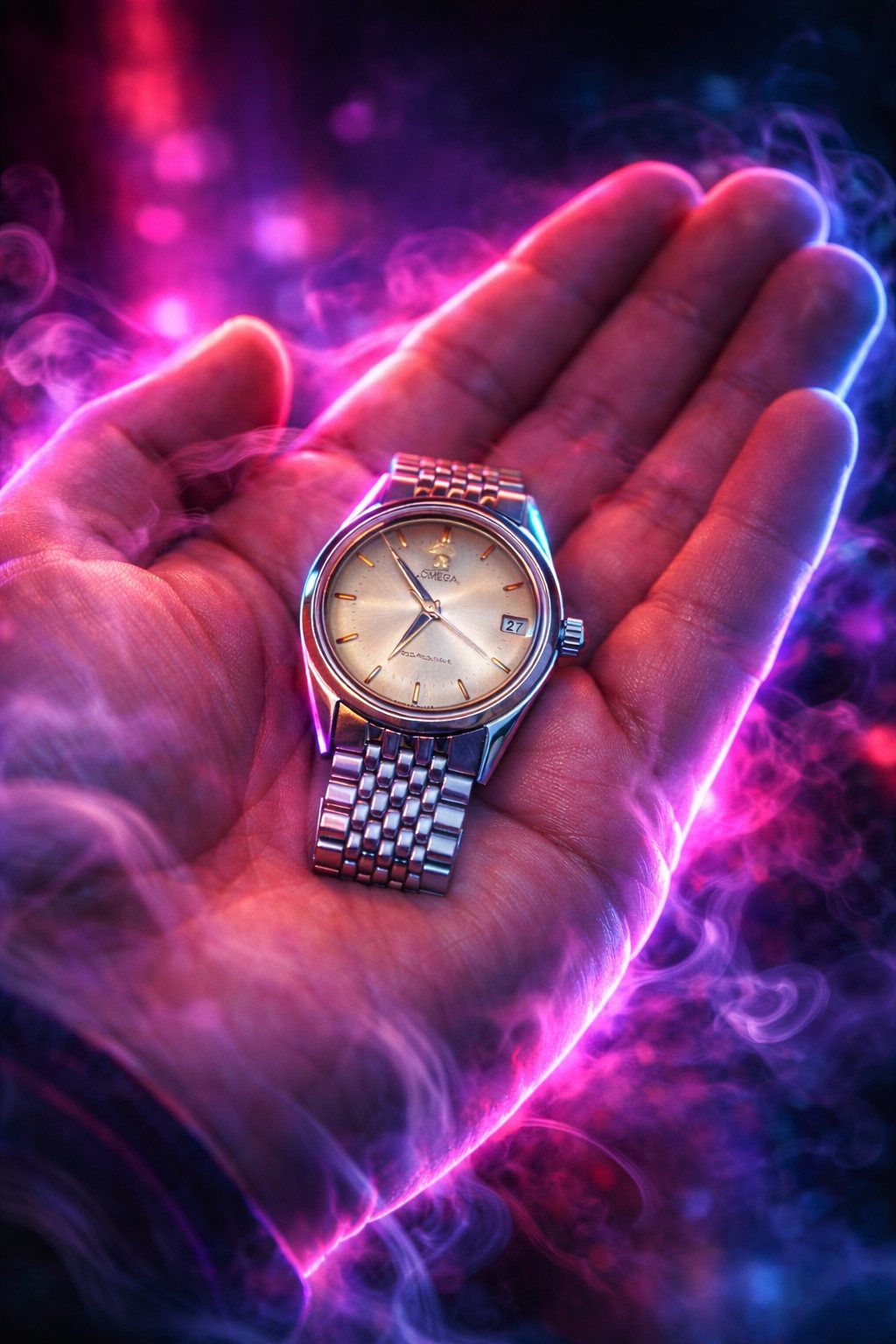 An open palm holding a wristwatch, lit from beneath by pink and blue neon.