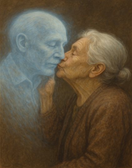 A painting of an elderly couple, the woman kissing the man on the cheek.