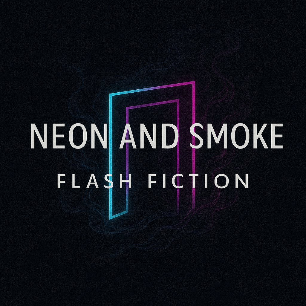 The Neon & Smoke flash-fiction card: the magazine’s neon doorway mark over dark smoke, lettered “Neon and Smoke · Flash Fiction”.