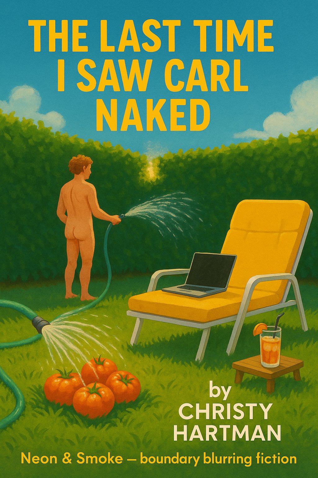Cover artwork: an illustration of a naked man watering a lawn beside a yellow lounger with a laptop on it, lettered “The Last Time I Saw Carl Naked by Christy Hartman”.