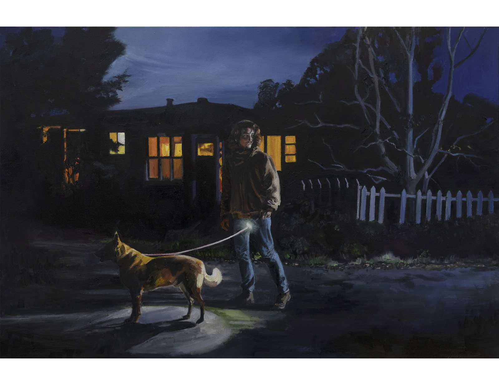 A painting of a man walking a dog at dusk past a lit single-storey house behind a white picket fence.