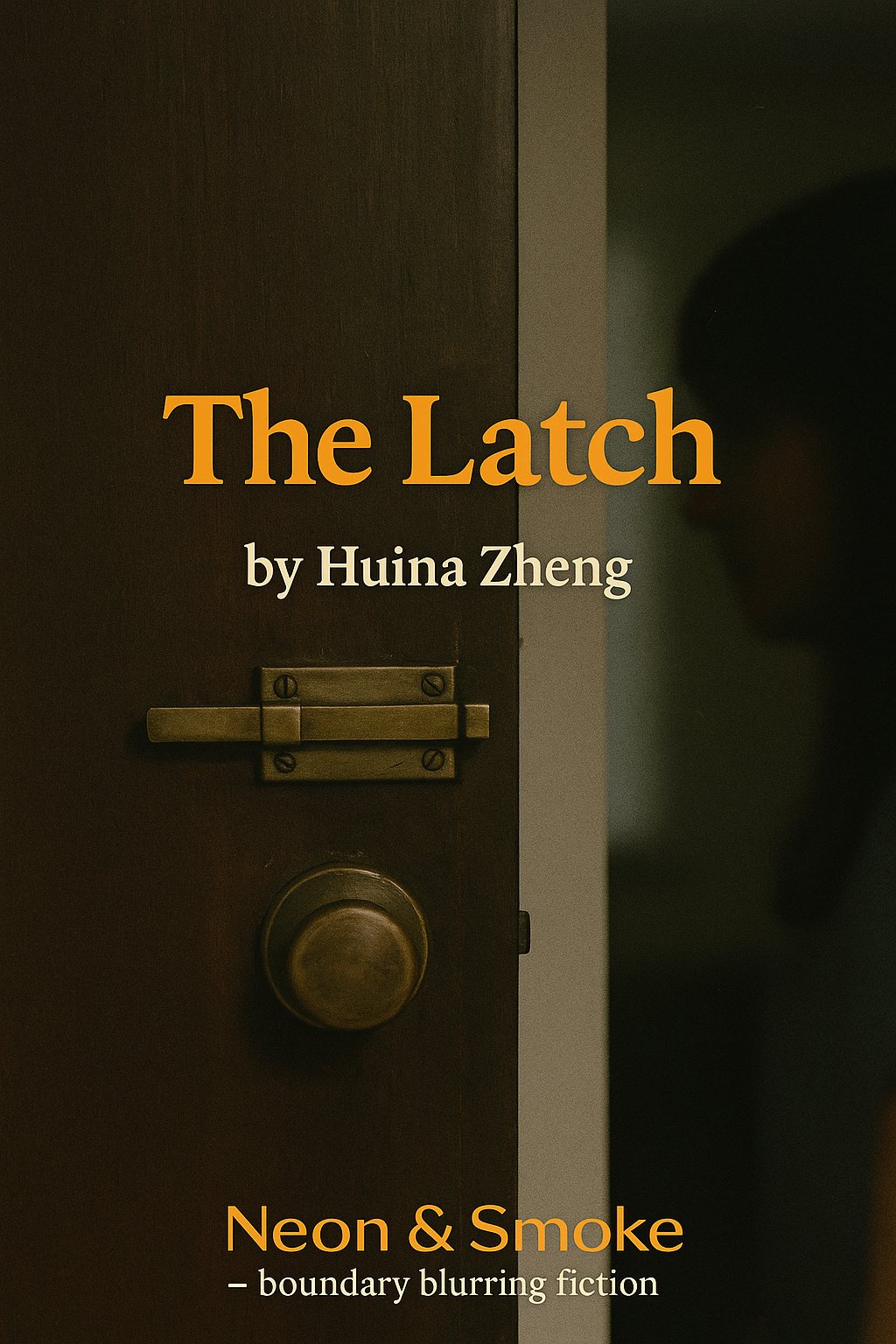 Cover artwork: a door standing open on its brass latch with a figure in shadow beyond, lettered “The Latch by Huina Zheng”.