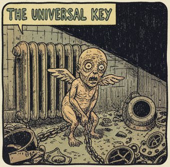 A comic panel captioned “The Universal Key”: a winged, wide-eyed creature chained beside a radiator among scrap.