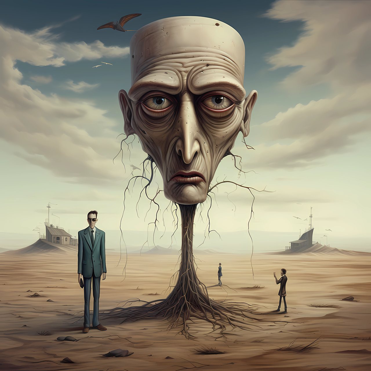 A surreal painting: an enormous careworn head floating above a desert plain, trailing roots, small figures below it.