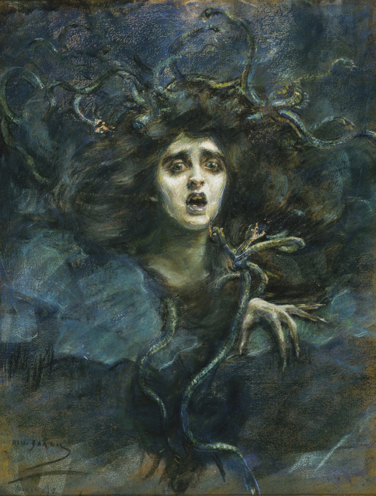 A painting of Medusa, wide-eyed and open-mouthed, snakes coiling through her dark hair.
