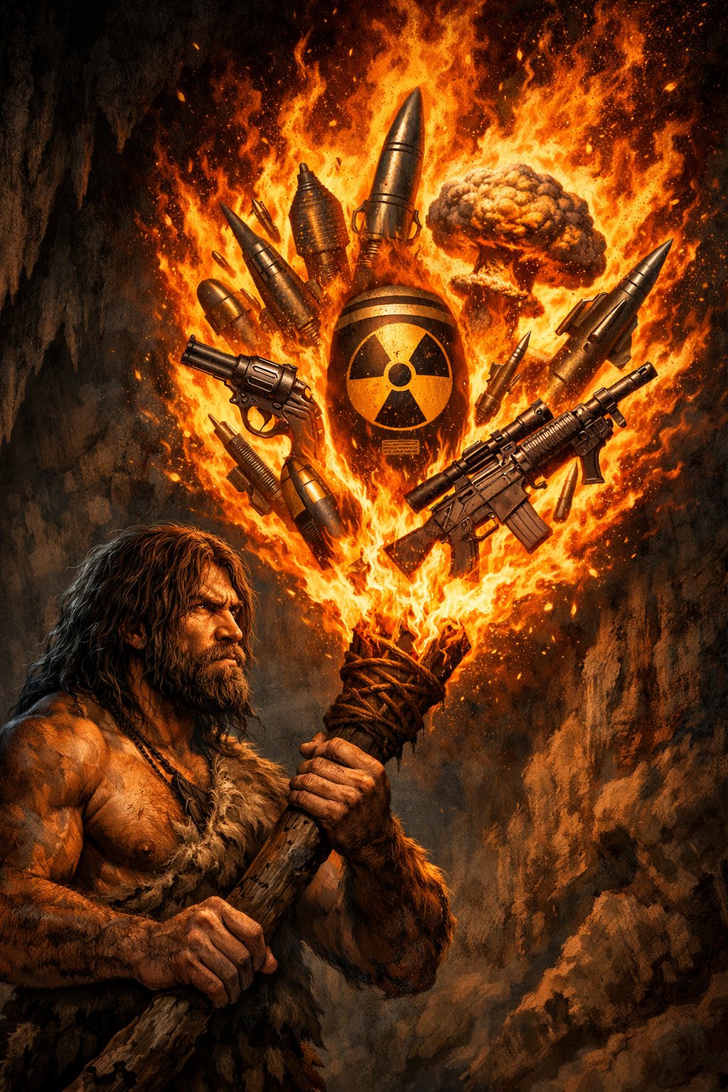 A painting of a bearded man in furs holding a burning torch whose flames take the shape of guns, missiles and a radiation symbol.
