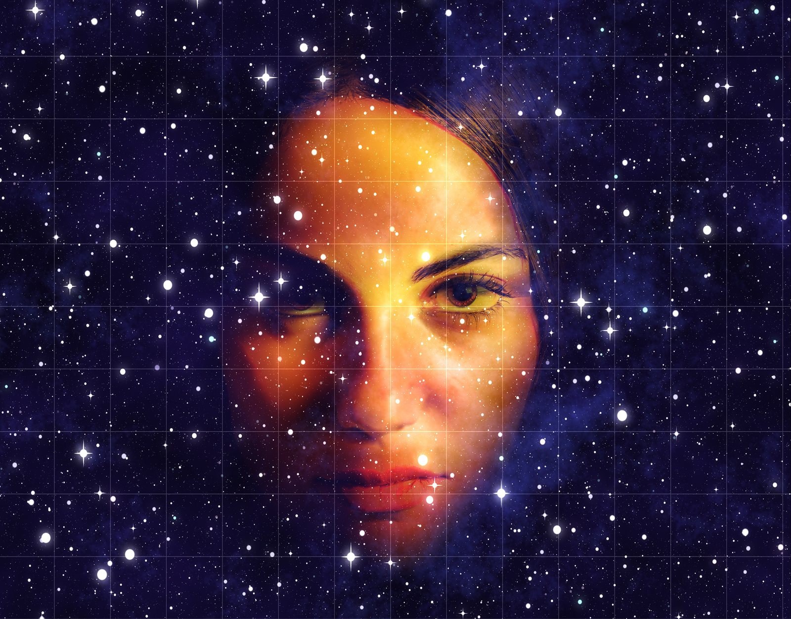 A woman’s face dissolving into a field of stars over a faint grid.