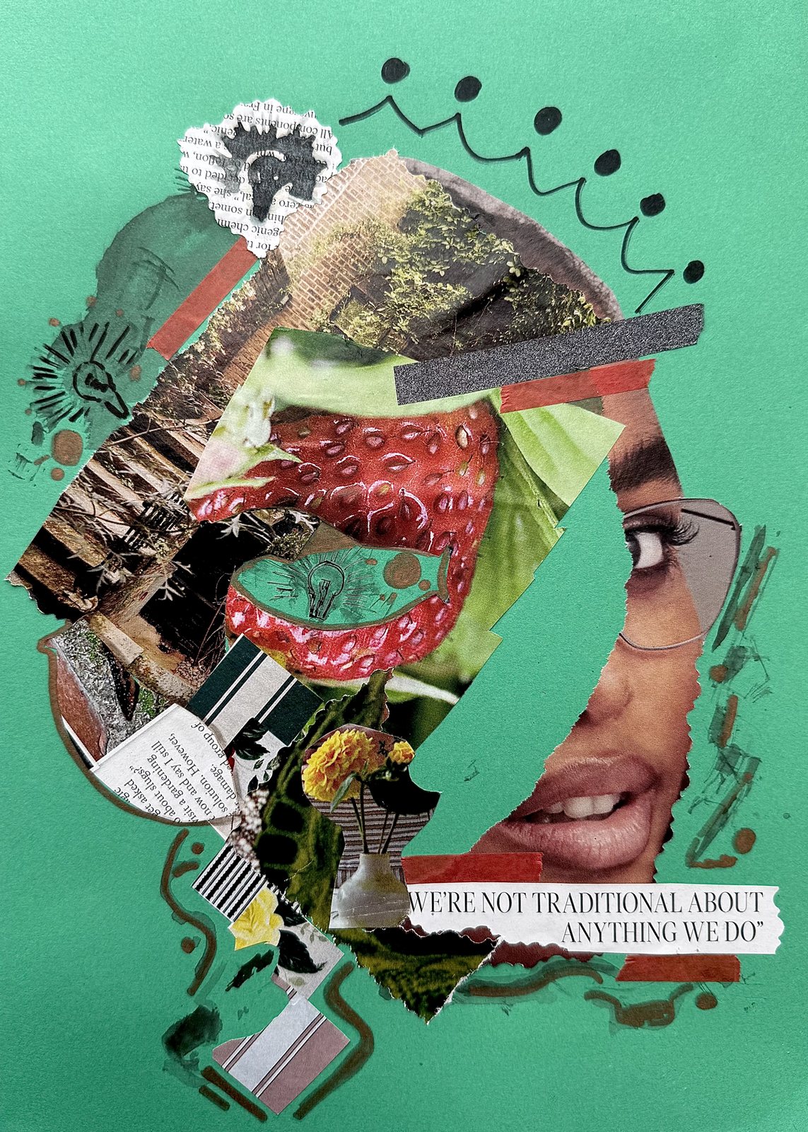 The December Smoke cover collage: torn paper and photographs assembled into a face on mint green, carrying the line “WE’RE NOT TRADITIONAL ABOUT ANYTHING WE DO”.