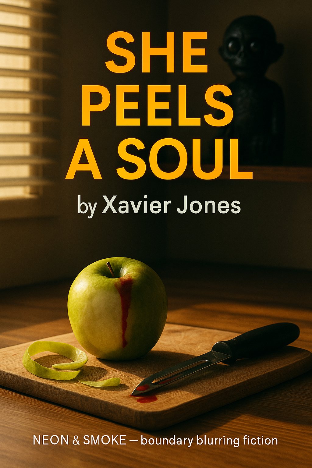 Cover artwork: a green apple half-peeled on a wooden board beside a knife, lettered “She Peels a Soul by Xavier Jones”.