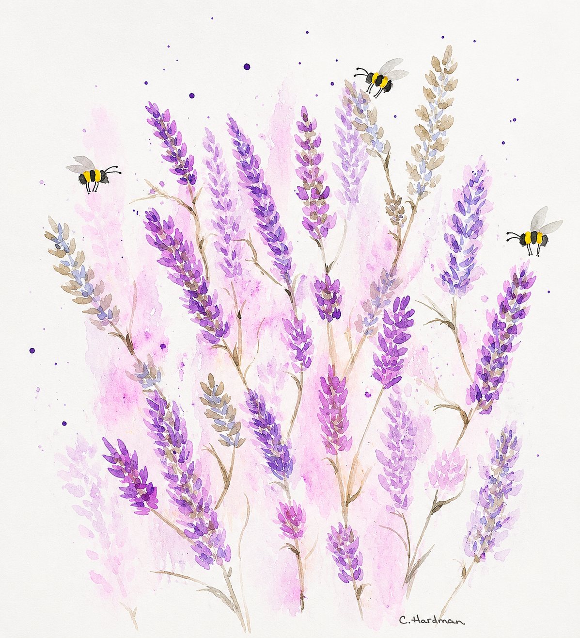 A watercolour of lavender stems with bees among them.