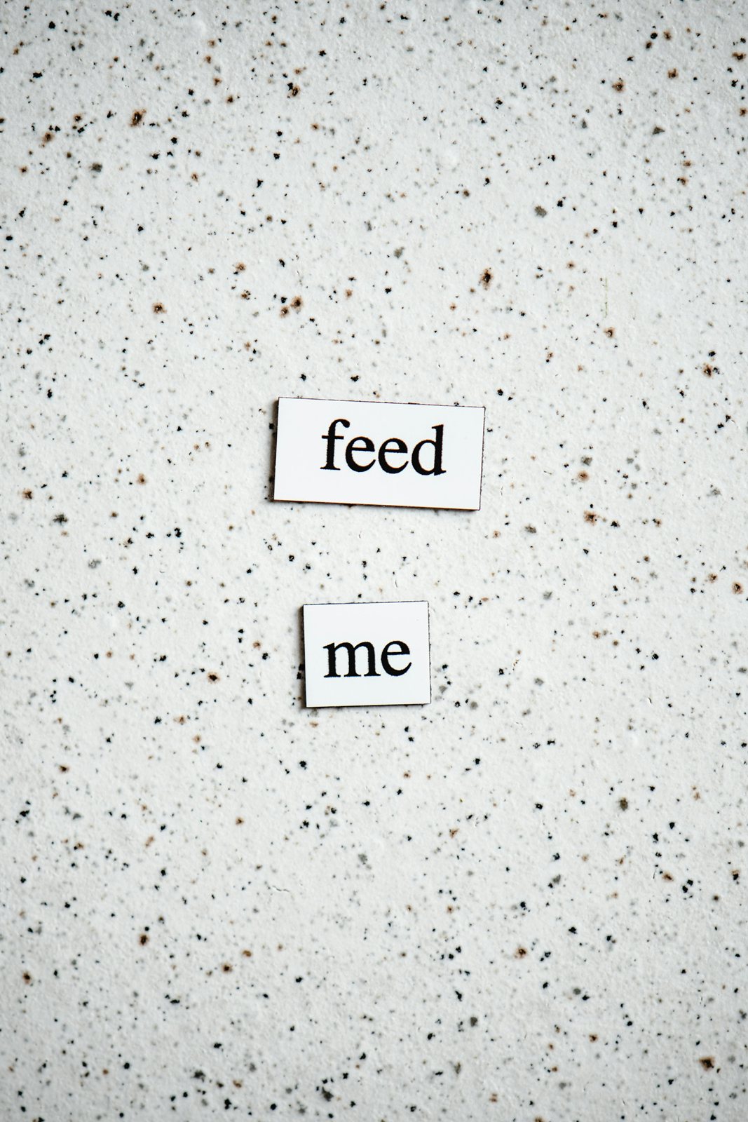 Two paper cut-out words, “feed” and “me”, on speckled white paper.