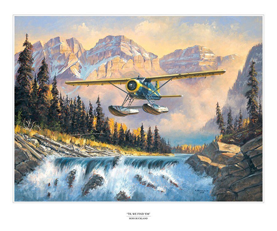 A framed painting of a floatplane flying low over a rocky river between forested mountains.