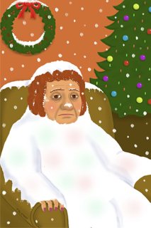 An illustration of a red-haired woman wrapped in a white quilt in an armchair beside a decorated tree, snow falling around her.