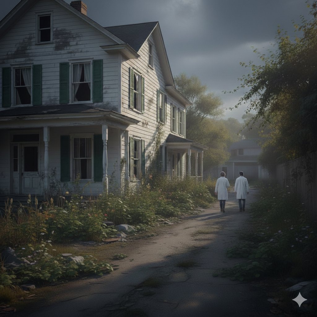 Two figures in white coats walking away down an overgrown lane past a derelict clapboard house.