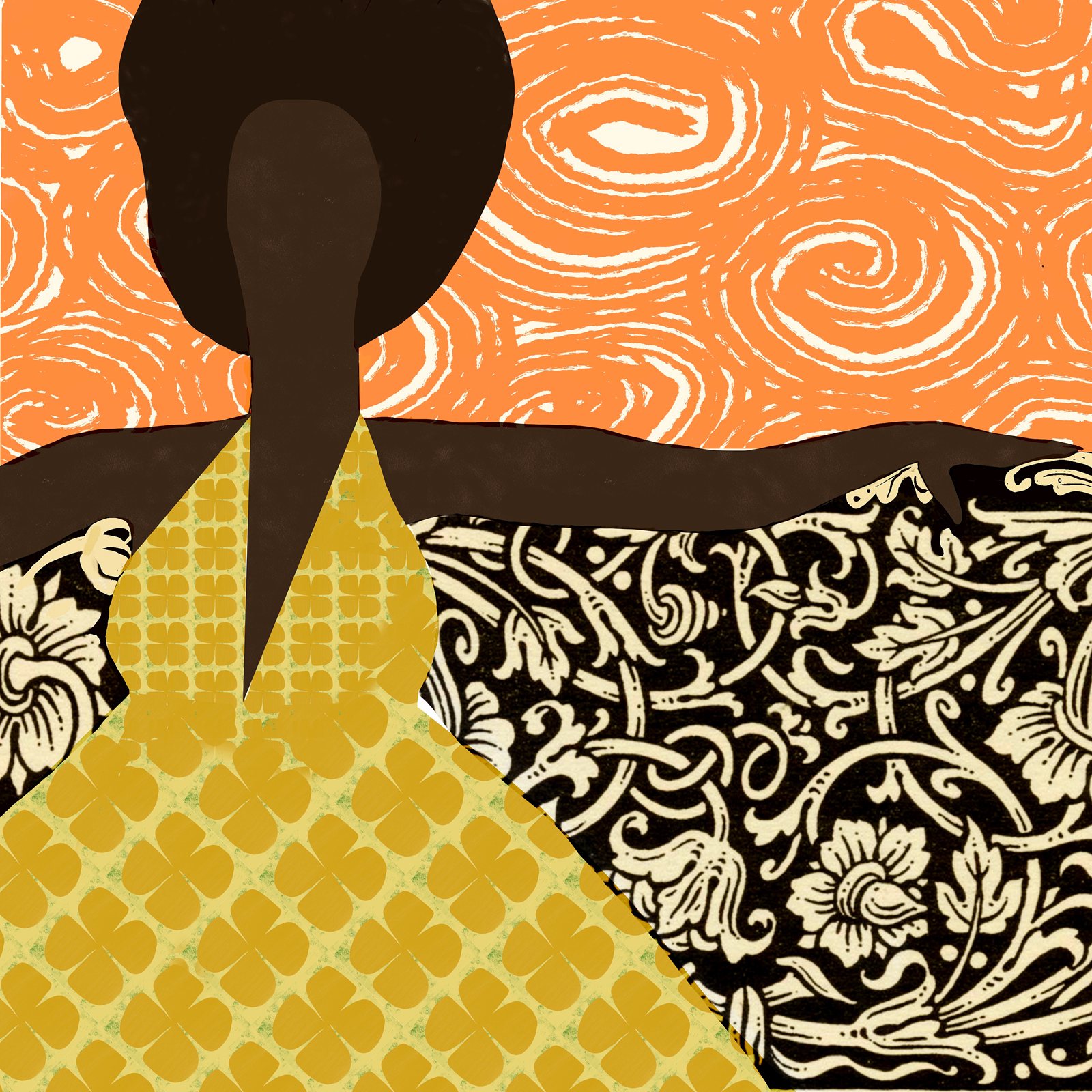 The Issue-1 cover art: a cut-paper figure in a gold patterned dress against orange swirls and black flowers.