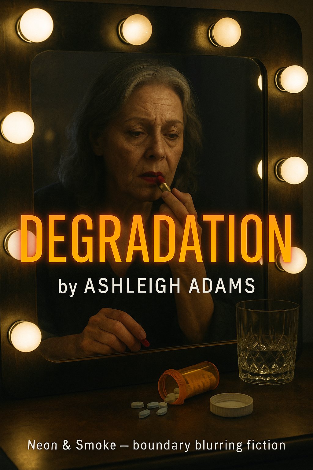 Cover artwork: an older woman smoking at a lit dressing-room mirror, a pill bottle and a glass beside her, lettered “Degradation by Ashleigh Adams”.