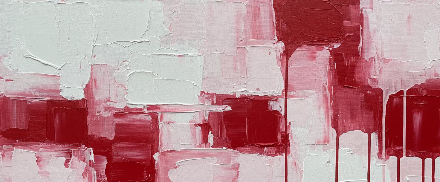 An abstract painting, red running in vertical drips across broad white blocks.