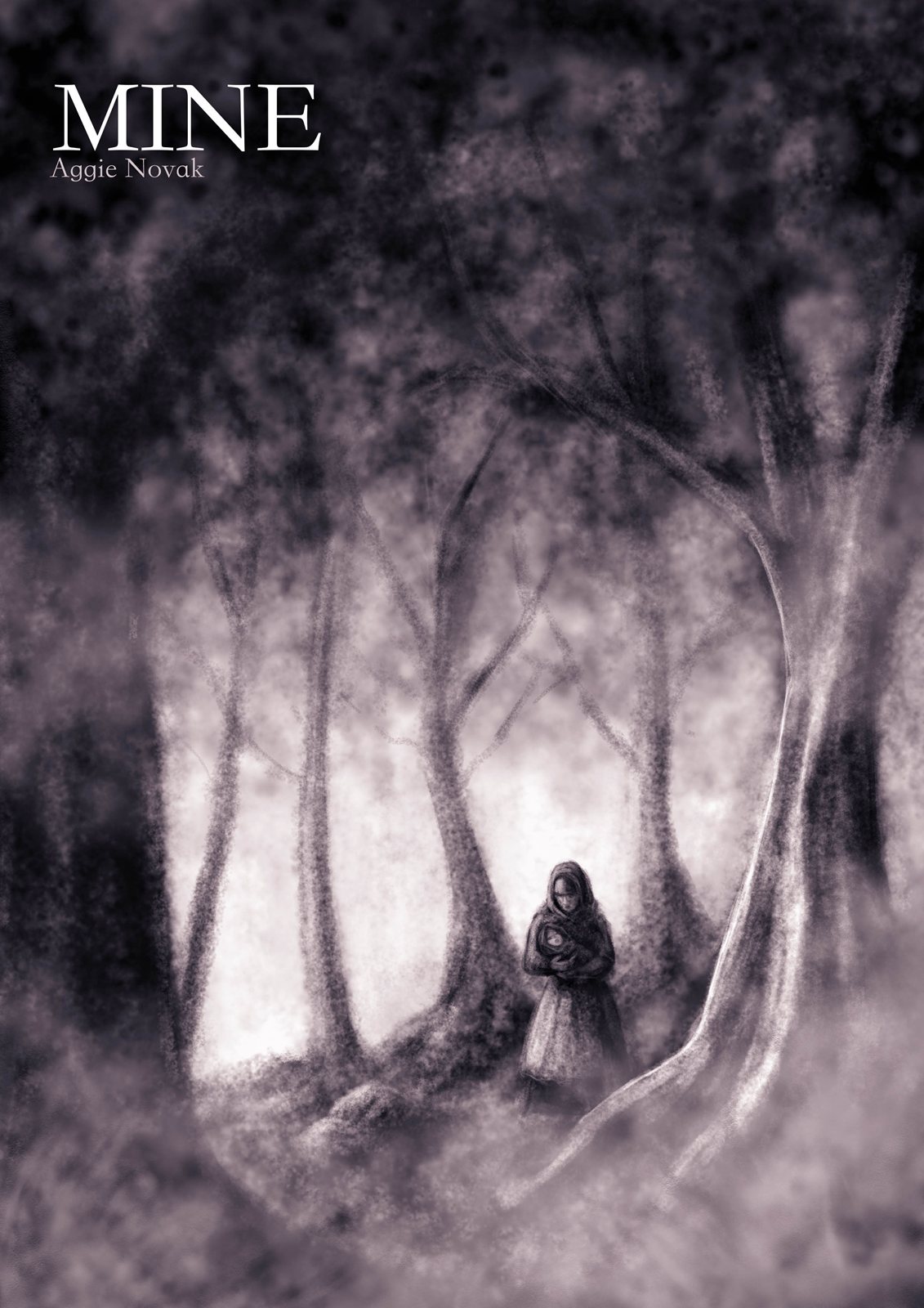 Cover artwork: a pale figure alone in a misty birch wood, lettered “Mine · Aggie Novak”.