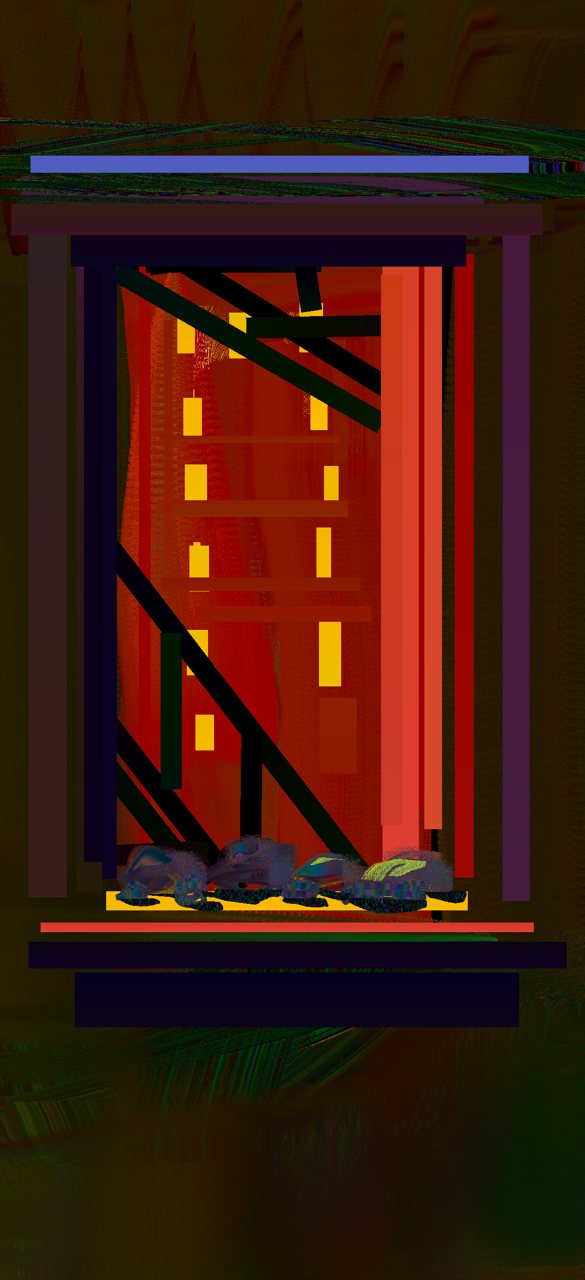 An abstract painting of a lit red window in a dark blue and purple building front.